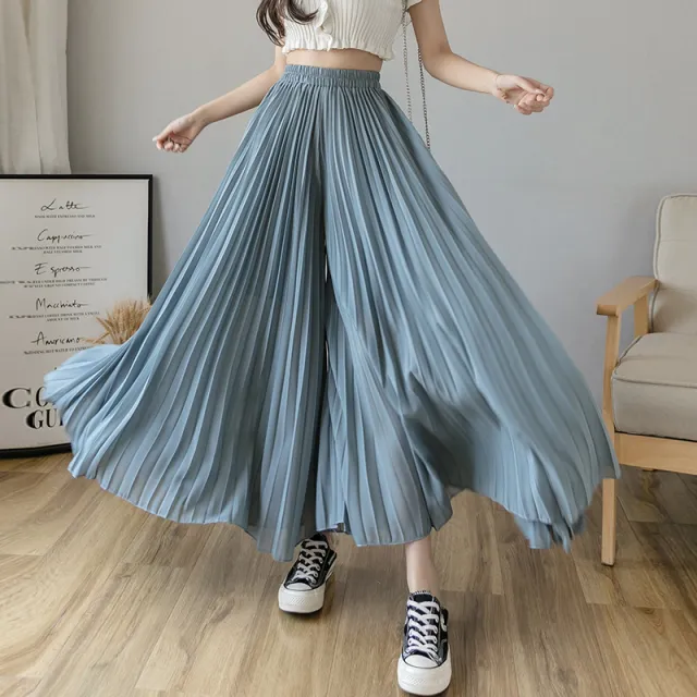 Women's Summer Large Swing Chiffon Pleated Wide Leg Pants Blue - Shop at LoveMi