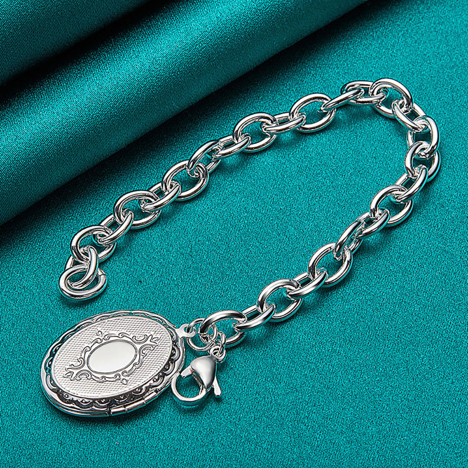Silver Oval Box Double Pendant Bracelet