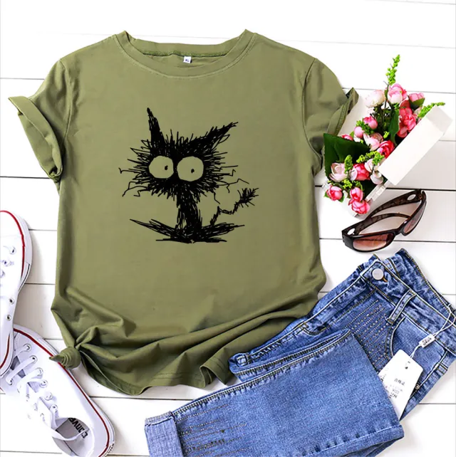 European And American Fashion Cat Printing Casual Short sleeved T shirt Women's Clothing Armygreen - Shop at LoveMi