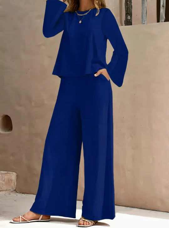 Spring And Autumn Solid Color Simple Round Neck Long Sleeve Side Pocket High Waist Wide Leg Trousers Set Blue - Shop at LoveMi