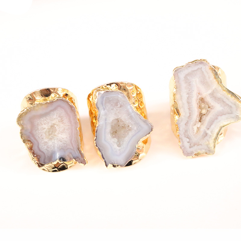 Natural Agate Geode Ring Men's And Women's Raw Stone Brass Plated Gold