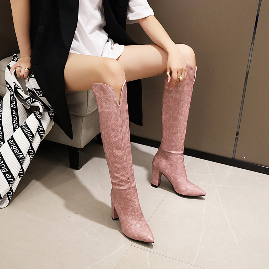 European And American Pointed Toe Thick Heel High Boots Pink - Shop at LoveMi