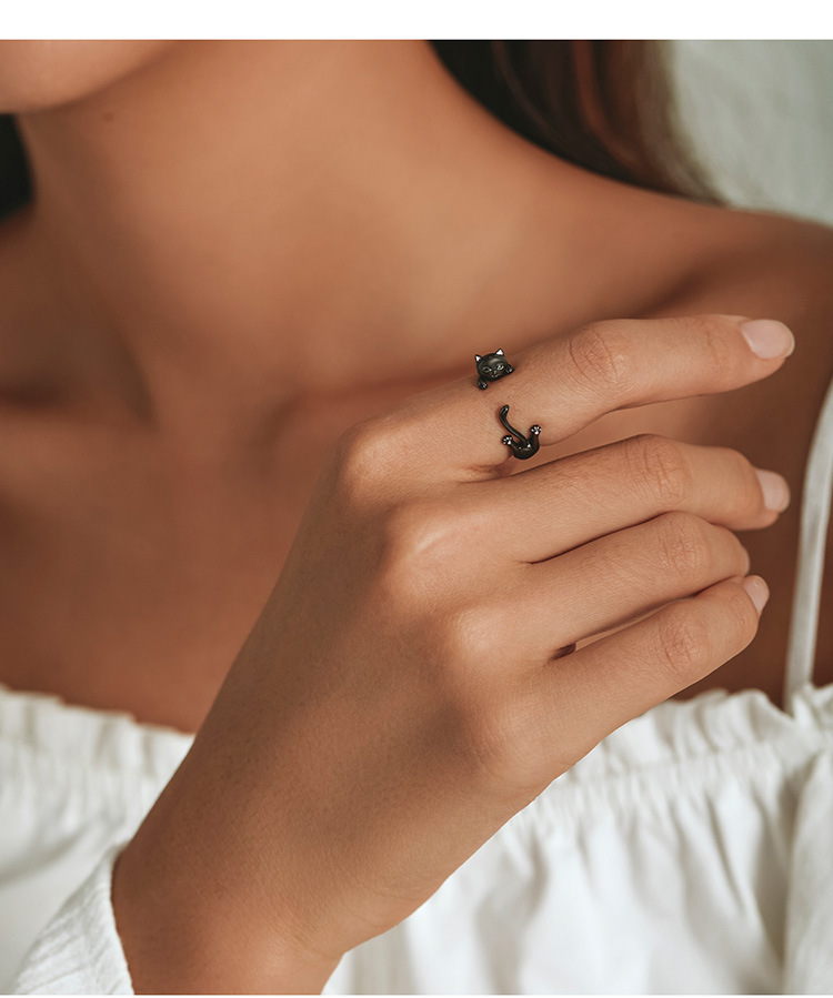 Electroplating Creative Black Cat Ring Sterling Silver Jewelry