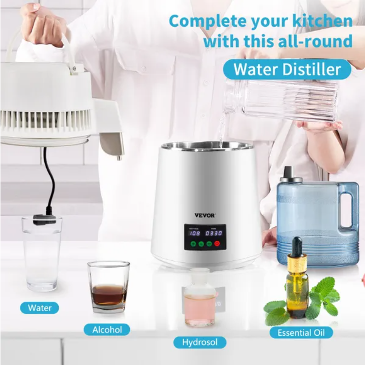 VEVOR 1.1Gal Water Distiller, 0.3Gal H, 750W Distilled Water Maker Machine 0-99H Timing Set Temp Display, 304 Stainless Steel Countertop Distiller Plastic Carafe Cleaning Powder 3 Carbon Packs, White - Image 1