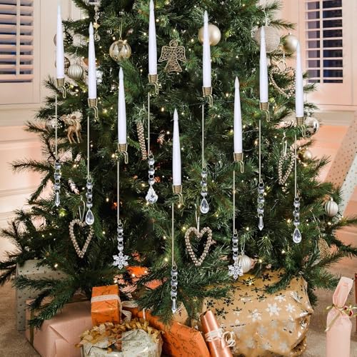 12pcsChristmas Tree Candle Flameless Taper Window With HookAcrylic Pendant Design, Taper Window Candle, Spring Hook Attached, Indoor Holiday Decor, Flameless Safe 6