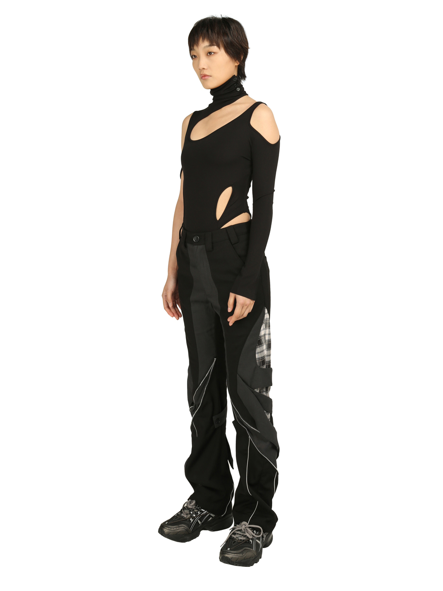Zipper Plaid Stitching Strap Trousers Casual Function