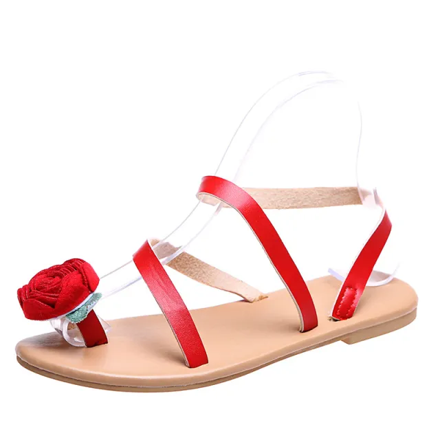 European And American Set toe Flower Flat Sandals Red - Shop at LoveMi