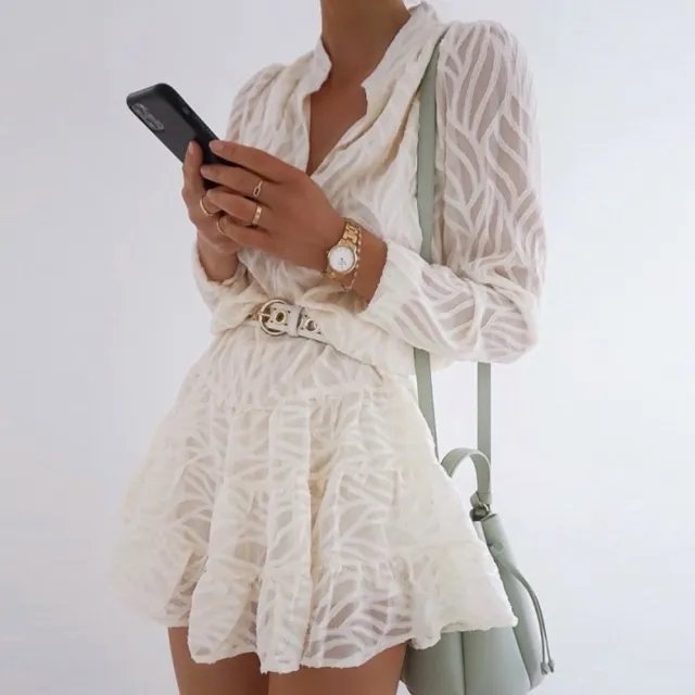 V Neck Sheer Striped Long Sleeve Dress Beige - Shop at LoveMi