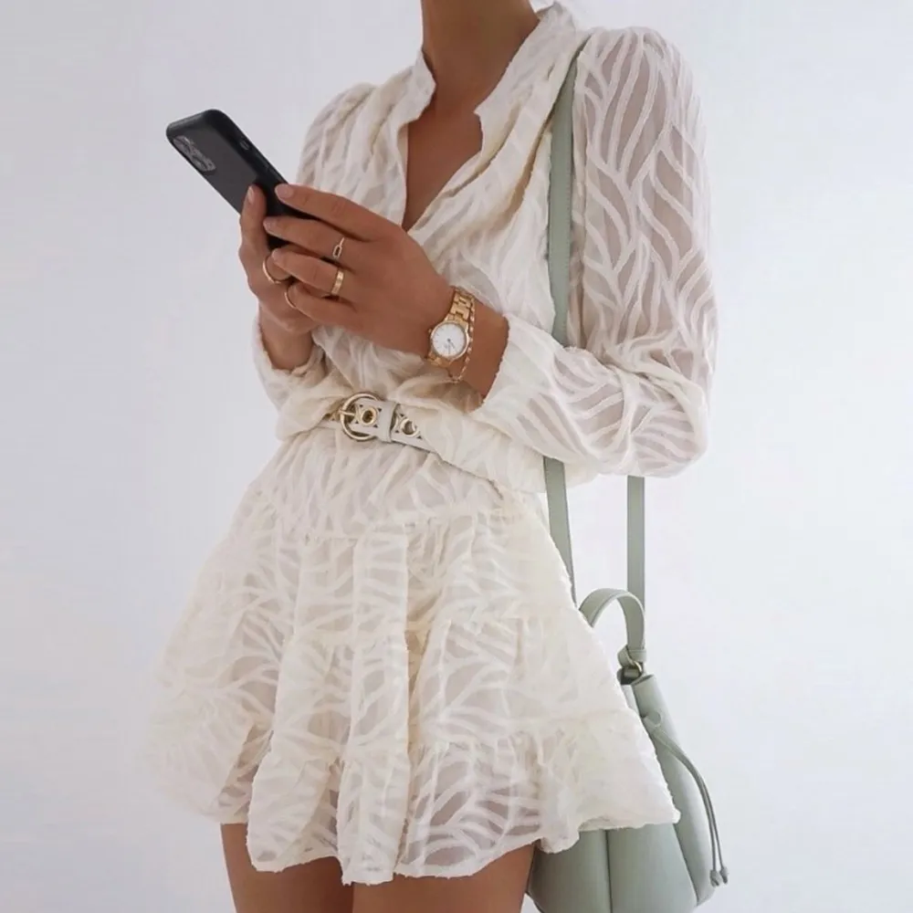 V-Neck Sheer Striped Long Sleeve Dress - Beige