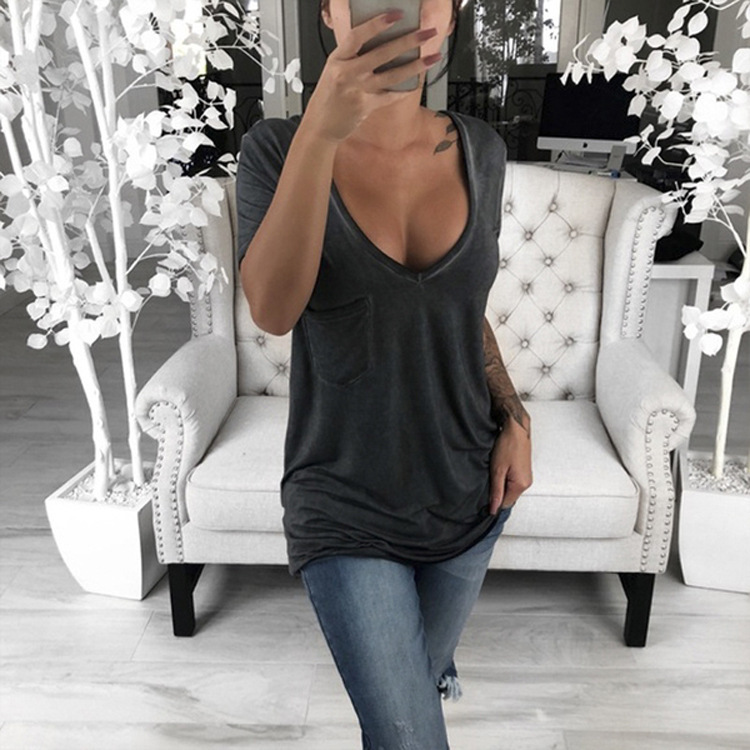 Title 3, Solid Color V-neck Chest Pocket Casual Top Wome...