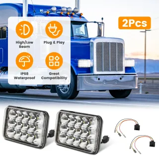 2Pcs 4x6in Car LED Headlights Vehicle Rectangular Headlamp With H4 Socket H4-to-3Pins Adapter With High Low Beam White Light IP68 Waterproof For 10-80V SUV Truck Sedan Car Motorcyc