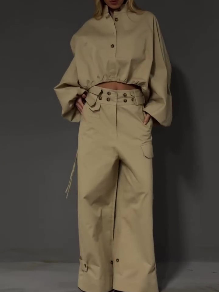 Khaki Stand Collar Puff Sleeve Crop Top & Double Button Wide Leg Cargo Pants Set