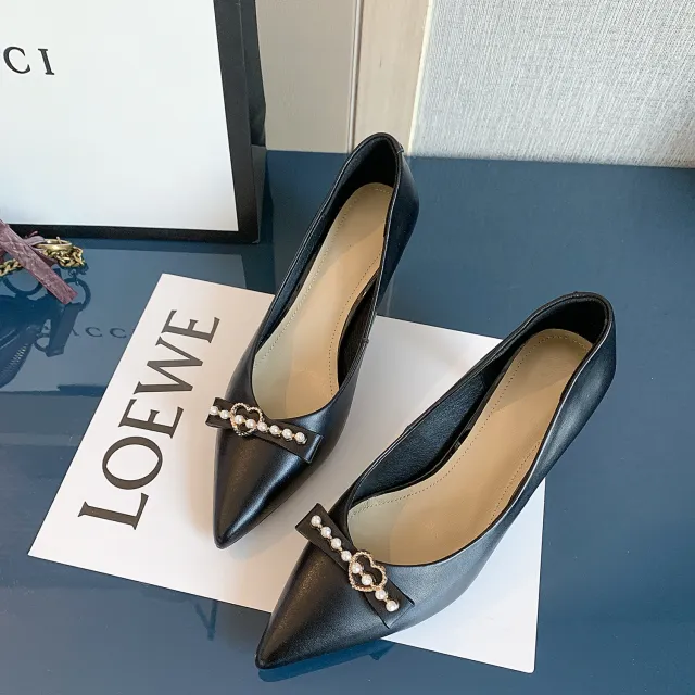 Black Low top High Heels Cowhide Fashion Black - Shop at LoveMi