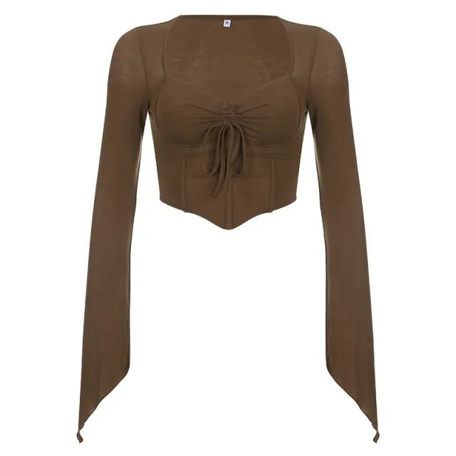 Fish Bone Waist Irregularly Slim And Pleated Crop Top Brown - Shop at LoveMi