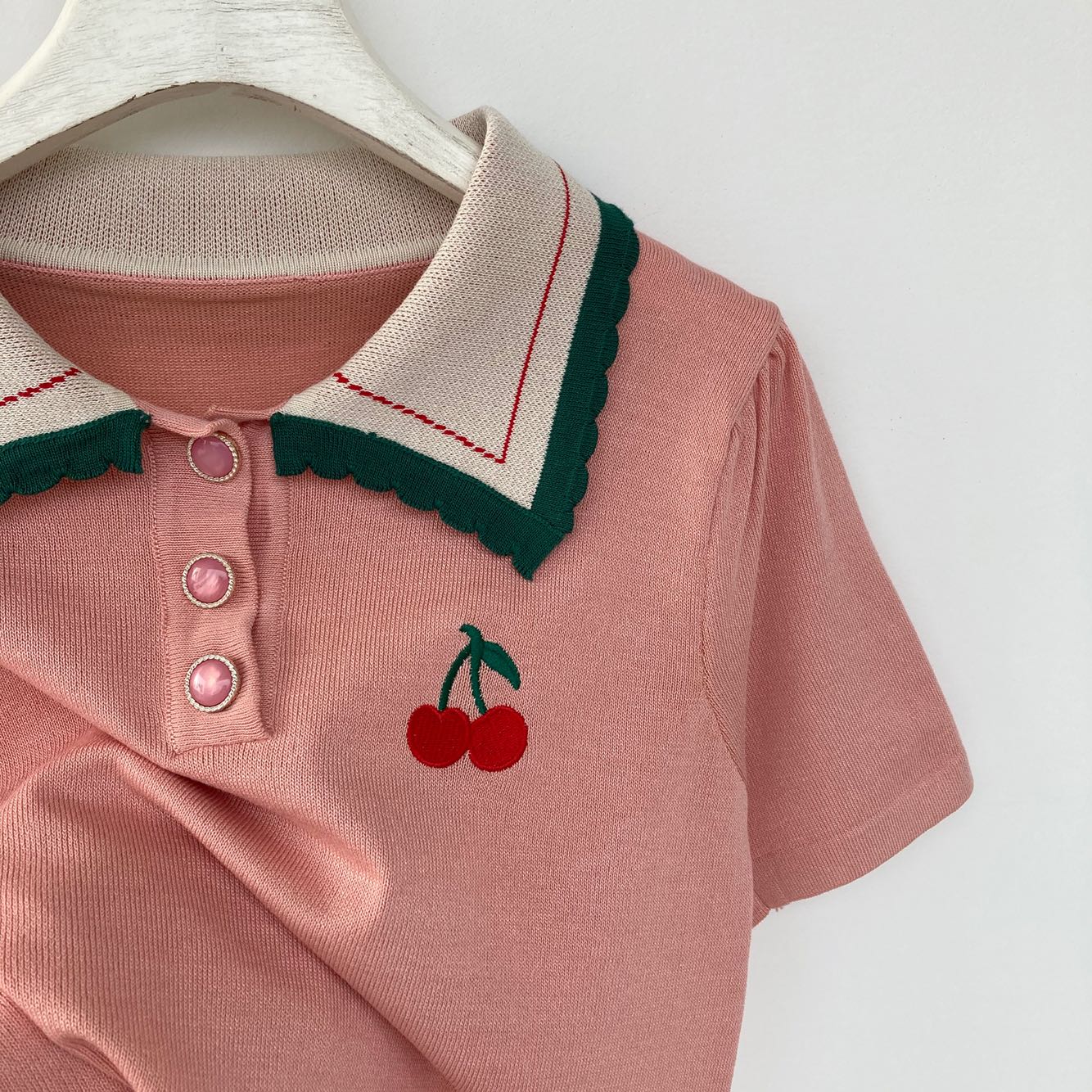 Cherry Embroidered Lapel Temperament   Short-sleeved Knitted Top T-shirt