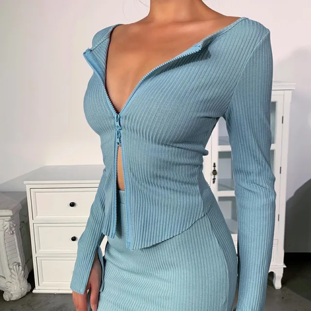 Sexy Zip Cardigan Temperament Slim Long Sleeve Top Blue - Shop at LoveMi