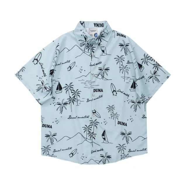 American Street Trend Retro West Coast Style Short Sleeves Grey Blue - Shop at LoveMi