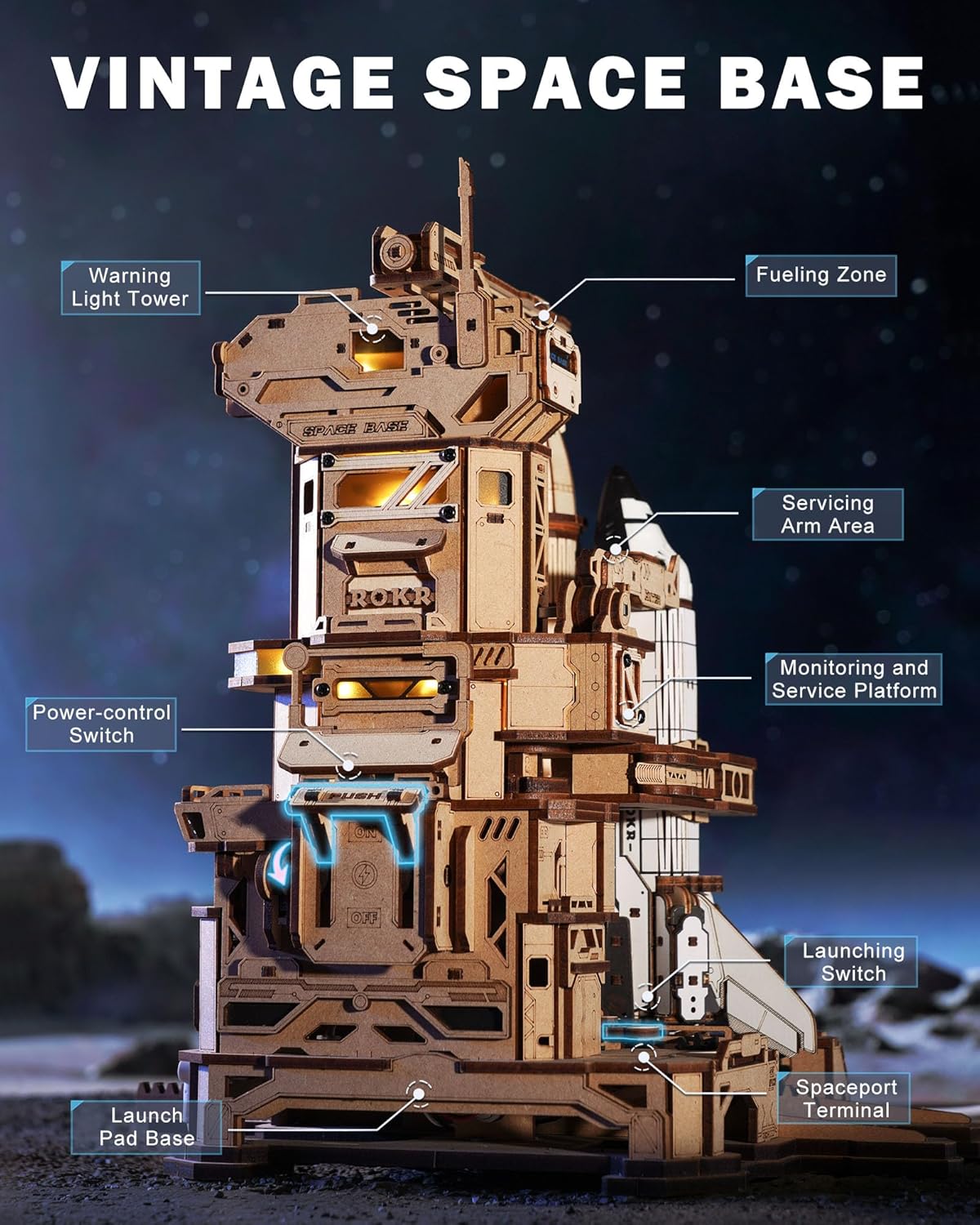 ROKR 3D Wooden Space Shuttle Model Kit - 446-piece STEM Building Toy With Launch Simulation And LED Light Effects, DIY Puzzle, A Unique Gift For Space Enthusiasts