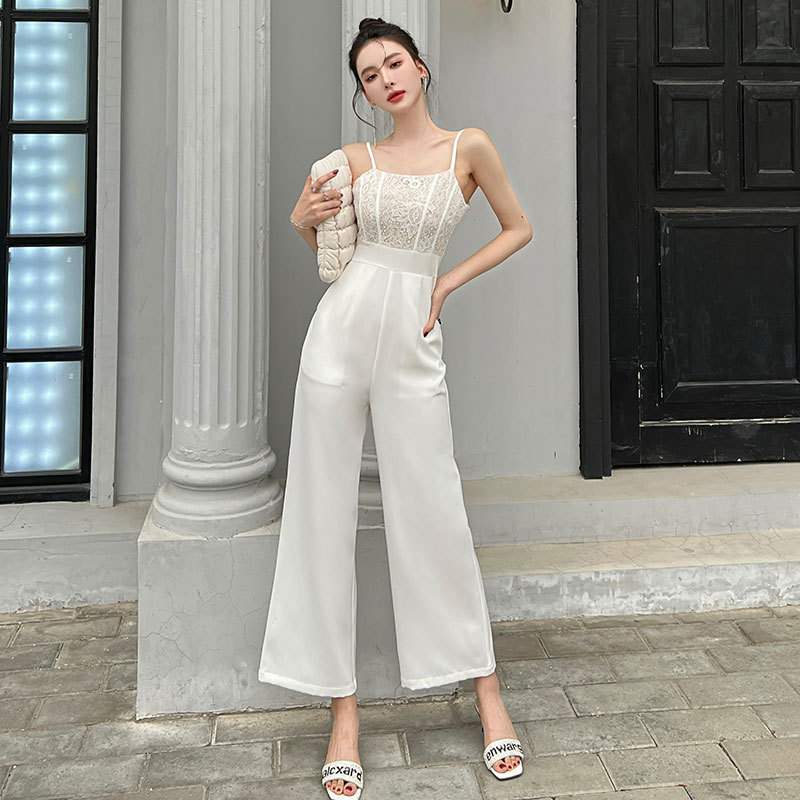 Title 6, White Lace Stitching High-waist Wide Leg Jumpsuits