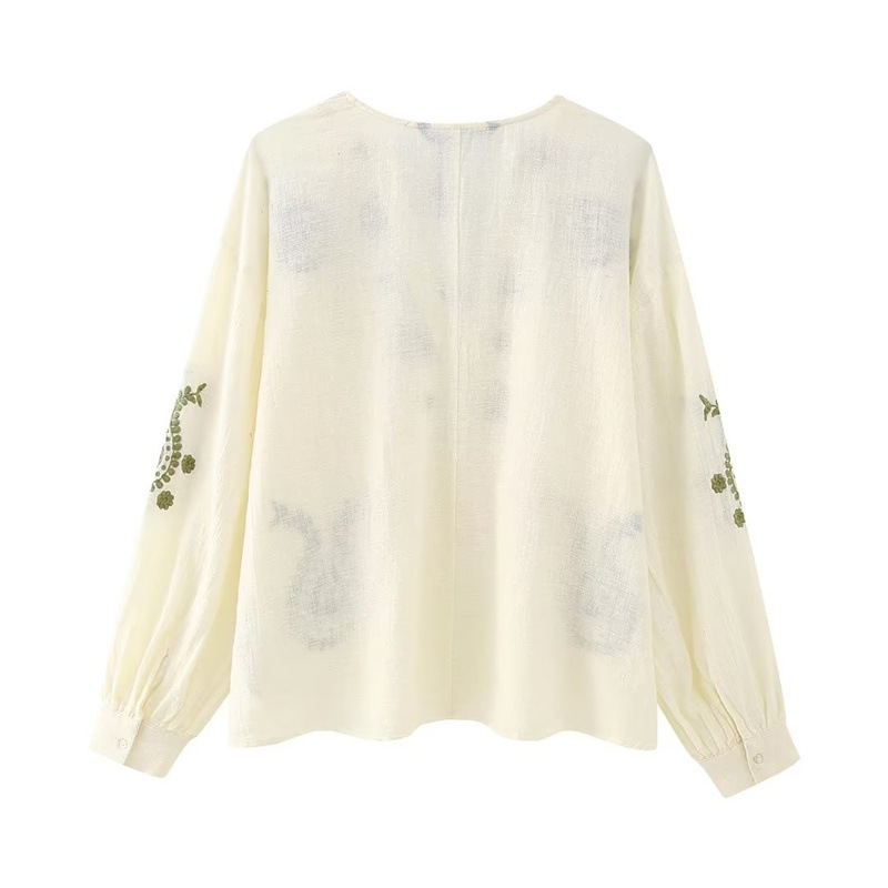 Title 4, Loose V-neck Embroidery Cotton Shirt Women