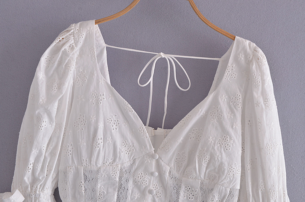Back Embroidered Lace Bow Puff Sleeve Top