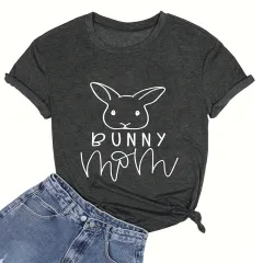 Women's Round Neck Short Sleeve T-Shirt - Cute Bunny Print Summer Casual Tee - Gray - View 1