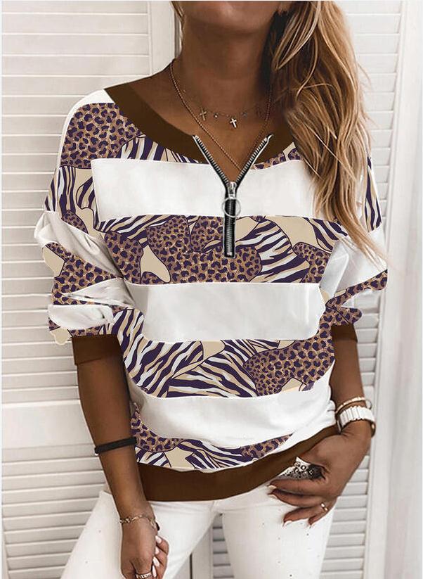 Title 2, Long Sleeve White Leaf Stripe Print Women