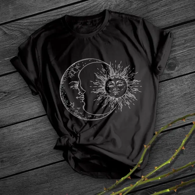 Fashion Loose Sun Print Pattern Round Neck Regular Sleeve T shirt Black - Shop at LoveMi