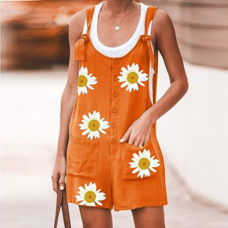 Women's Daisy Print Solid Color Patch Pockets Lace up Cotton And Linen Suspender Pants Orange - Shop at LoveMi