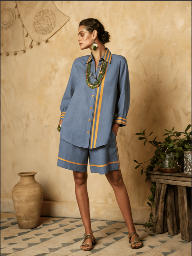 Women's Green Linen Blend Striped Button Down Shirt & Shorts Two Piece Set, Boho Vacation Co-ord