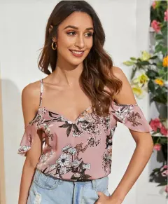 Women's Strapless Halter Chiffon Print Tank Top Loose With Sleeves Blouse Small Shirt - Pink - View 1