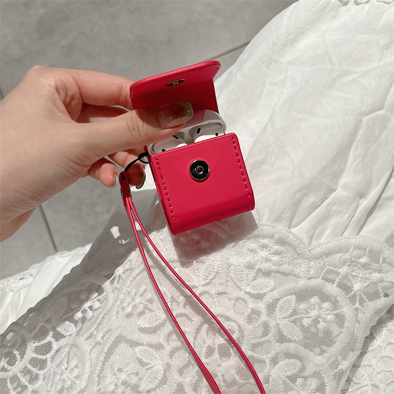 Rose Red Wireless Earphone Case Leather Soft Lanyard - Image 2