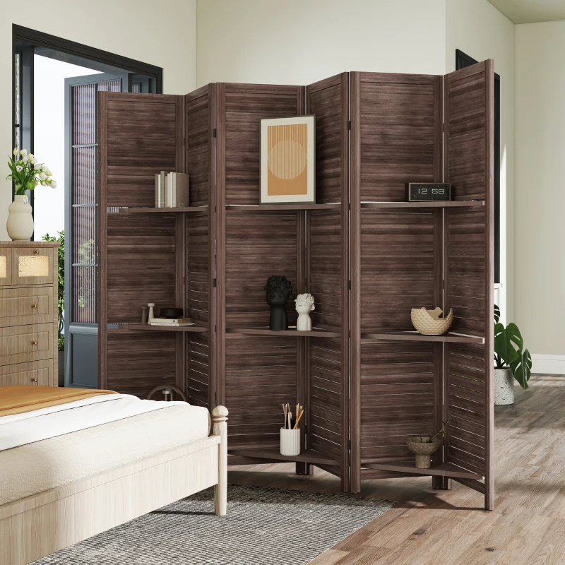 6 Panel Tall Wood Privacy Screen Room Divider With 3 Shelves And Folding Storage For Bedroom, Walnut