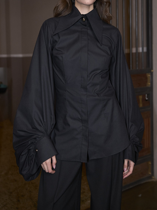 Black Oversized Collar Balloon Sleeve Shirt