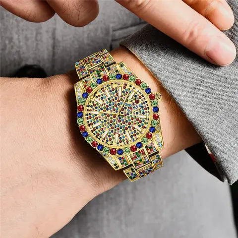 Hip Hop Men Fashion Color Full Diamond Date Quartz