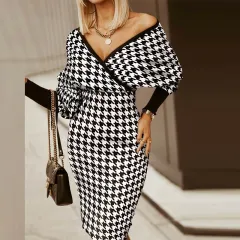 Fashion Printed V-neck Bag Hip Mid-waist Dress - Houndstooth-3Xl - View 1