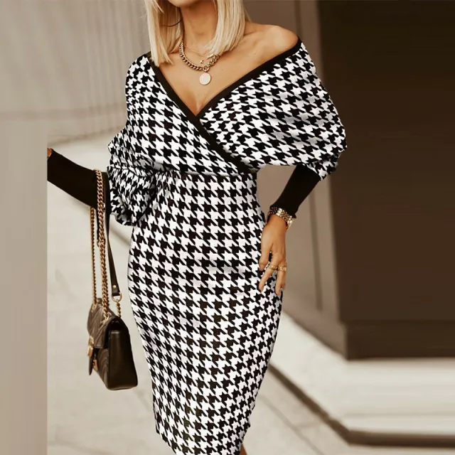 Fashion Printed V neck Bag Hip Mid waist Dress Houndstooth 3Xl - Shop at LoveMi