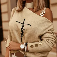 Diagonal Shoulder Chain Embellishment Long Sleeve Top - Nys0836P-L - View 1