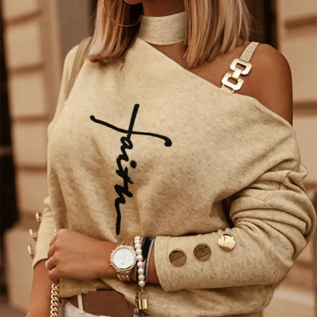 Diagonal Shoulder Chain Embellishment Long Sleeve Top Nys0836P M - Shop at LoveMi
