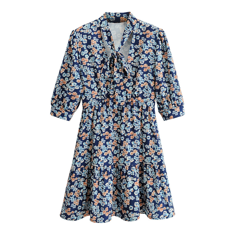 New Women's A-Line Waist Waist Thinning Tie Printed V-Neck Dress