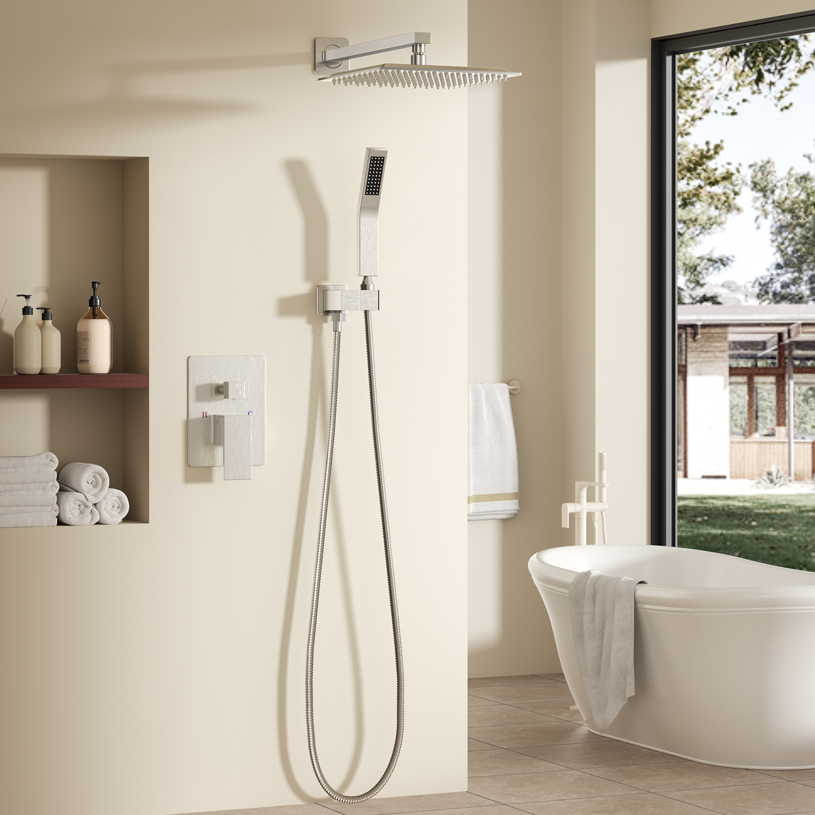 Wall-mounted Shower Faucet Set - 10-inch Square Overhead Spray - Handheld Shower Head With Pressure Balance And Temperature Control Valve — foto 3