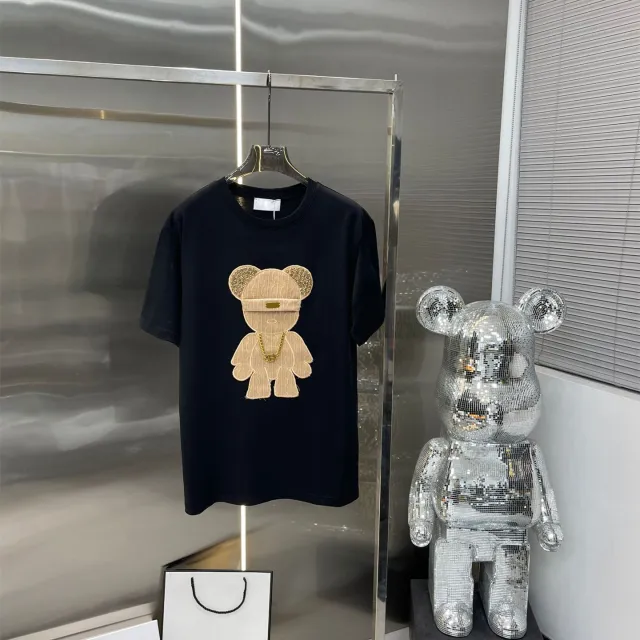 New Chain Bear Patch Embroidered Round Neck Cotton Versatile Short sleeved T shirt Black - Shop at LoveMi
