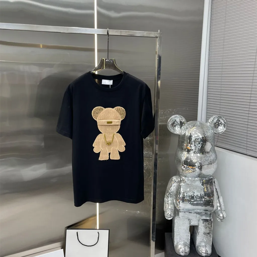 New Chain Bear Patch Embroidered Round Neck Cotton Versatile Short-sleeved T-shirt - Black