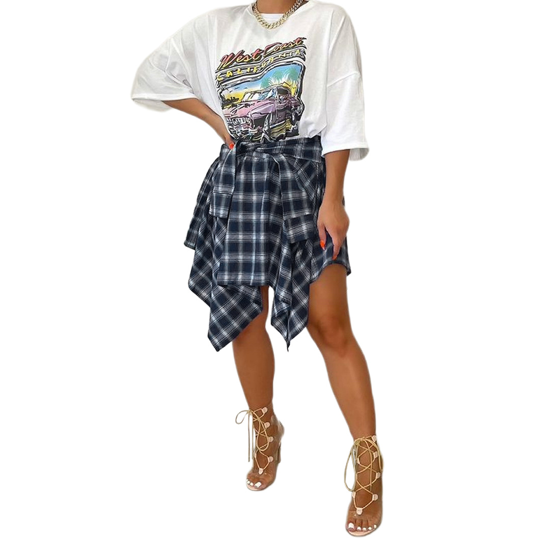Women's Fashion Irregular Plaid Tie Sleeve Fake Shirt Skirt Blue - Shop at LoveMi