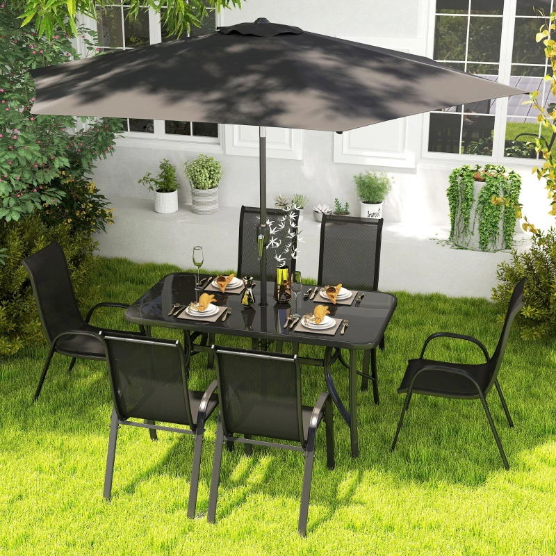 8 Pieces Patio Furniture Set With 9Ft Patio Umbrella, Outdoor Dining Table And Chairs, Black