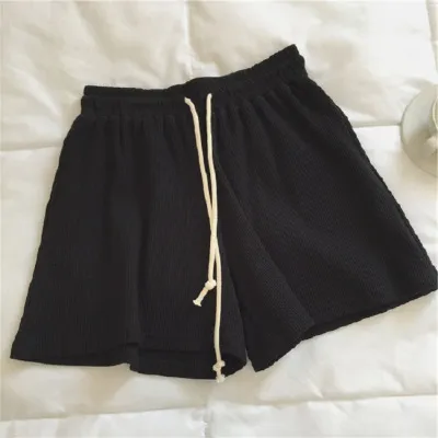 Waffle Fabric Cotton Shorts Women's High Waist A line Wide leg Hot Pants Black - Shop at LoveMi