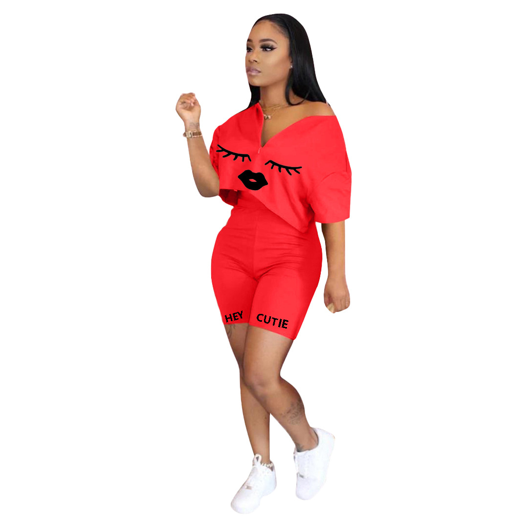 Women's Solid Color Positioning Printing Sexy Lips Two-piece Suit