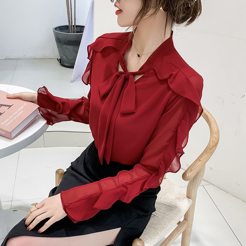 Women's Chiffon Long-sleeved Ruffled Bow Shirt