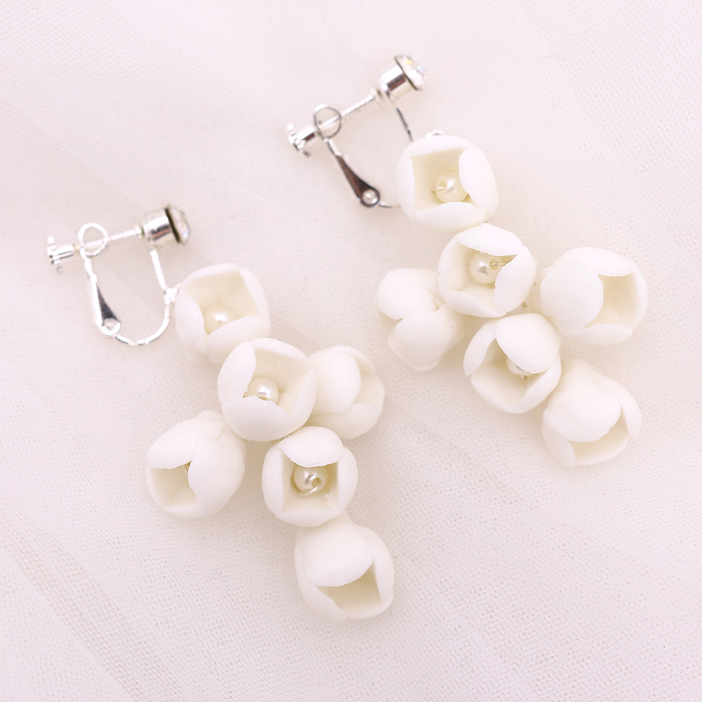 Title 1, White Ceramic Flower Ear Clip With Pearl Handmade