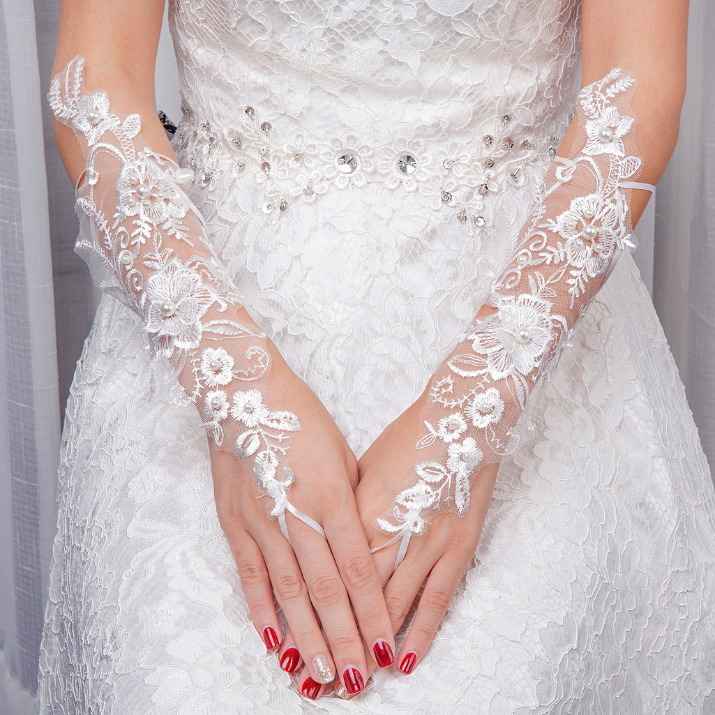 Title 1, Bridal Wedding Gloves Fingerless Embroidered Fi...